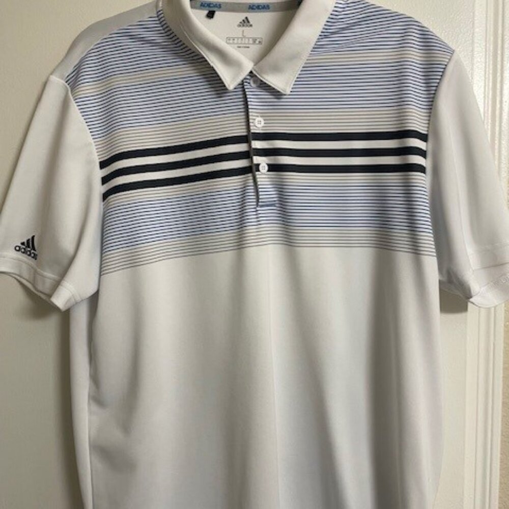 Adidas Tech Golf Polo Size L White/Blue Stripe